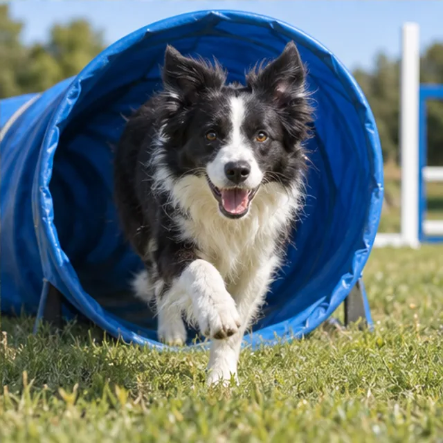Ilustracija borderskega ovčarja, ki prihaja iz modrega agility predora.